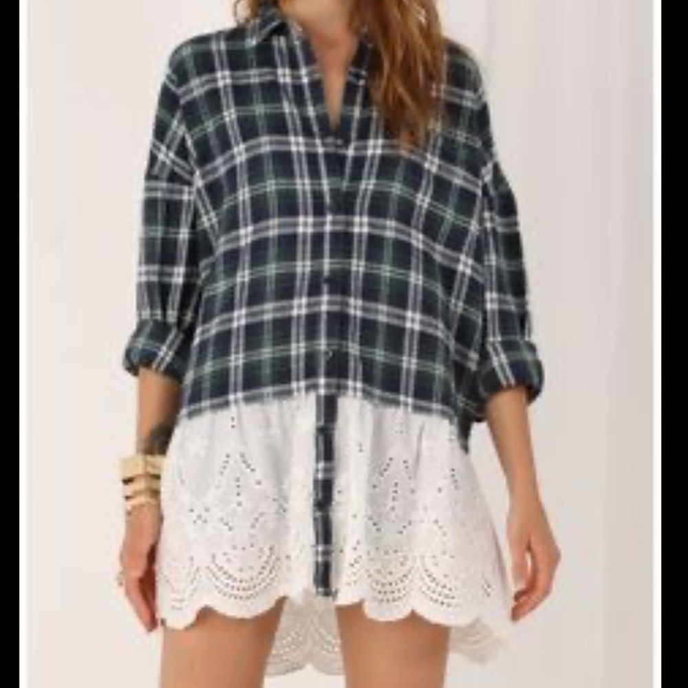 Altar’d State Flannel Plaid Shirt with Eyelet Hem Tunic Top